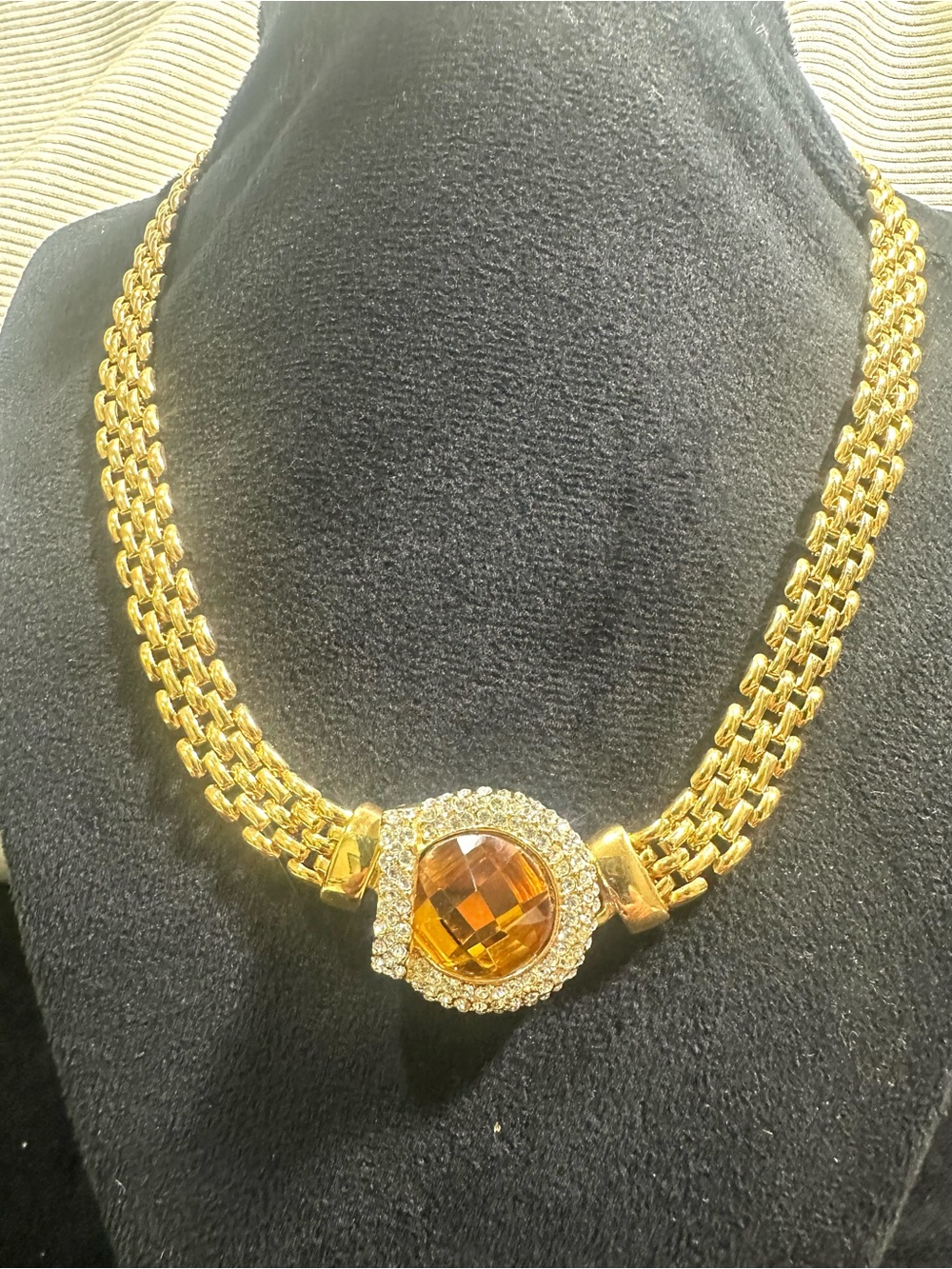 Vtg: 1980’s Large Imperial Topaz & Rhinestone Panther link Necklace